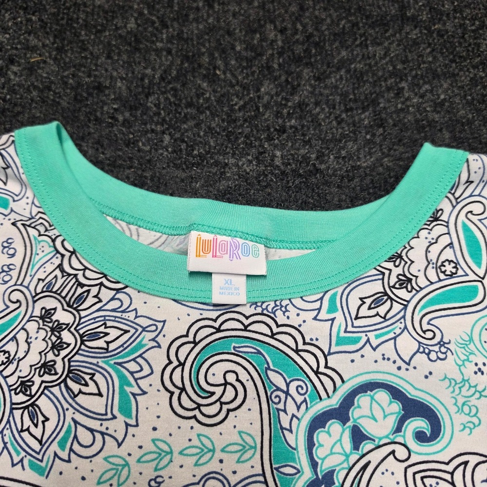 LuLaRoe Irma Tunic Top XL Womens Teal Blue Paisley Floral Short Sleeve Shirt
